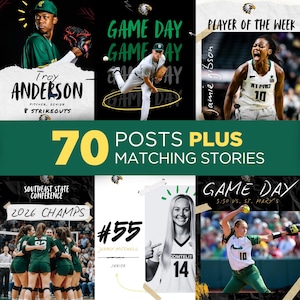 May include: A sports-themed collage with various action shots of athletes. Text elements include "Game Day," player names, team logos, and "70 Posts Plus Matching Stories." The design uses green, black, and white, with touches of yellow.