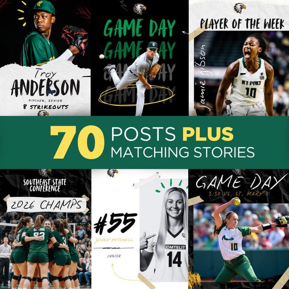 70 Social Media Posts PLUS 70 Stories, Editable Template for Instagram, Team Canva Graphics Game Day Committed Sports Volleyball Soccer