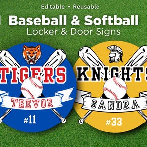 Modello modificabile per cartello da porta per baseball e softball su Canva, per armadietti, tornei scolastici, partite di baseball, squadre di baseball e softball.