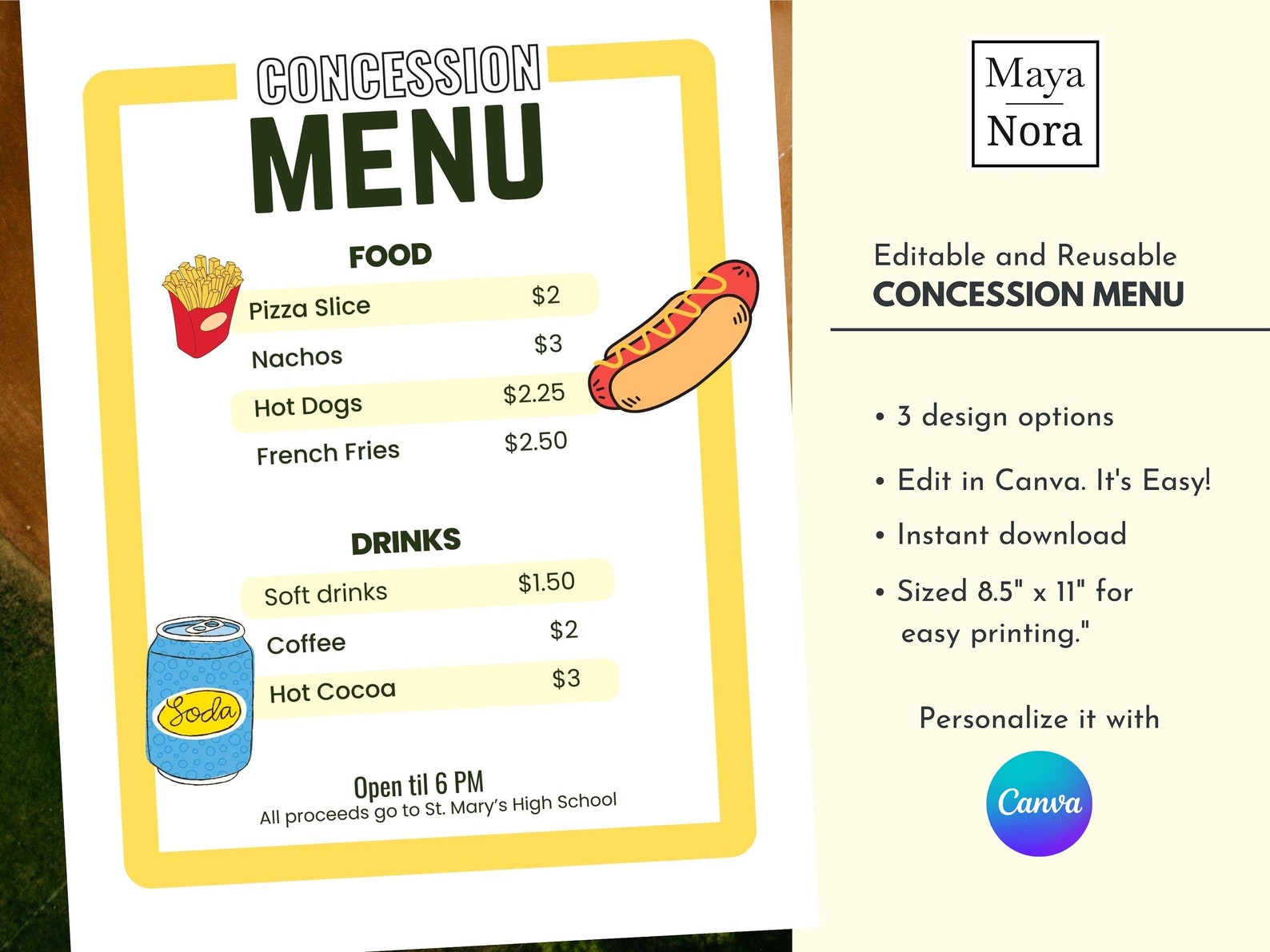 Concession Menu Slide 3 Editable Concession Menus, Canva Template, Team Mom, Volunteer Movie ...