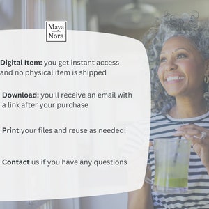 May include: A digital product information graphic for Maya Nora featuring four icons and text: Digital Item, Download, Print, and Contact. The text explains that this is a digital file for instant access, email delivery, printing, and customer support.