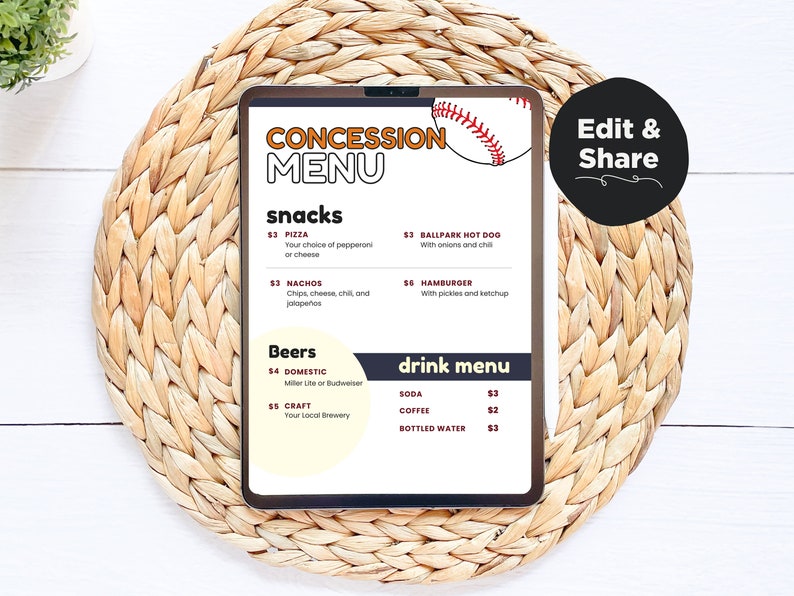 Editable Baseball Concession Stand Menu Digital Instant Download Canva ...