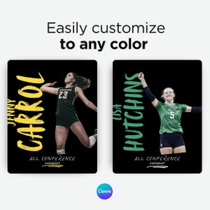 May include: Two rectangular sports posters with black backgrounds. The left poster features a volleyball player in a black jersey with the text "JENNY CARROL" in yellow. The right poster shows a player in a green jersey with "LISA HUTCHINS" in green. Both include "ALL CONFERENCE SOUTHEAST" text.