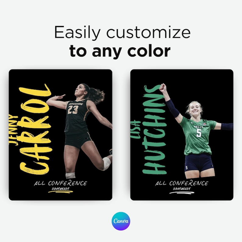 May include: Two rectangular sports posters with black backgrounds. The left poster features a volleyball player in a black jersey with the text "JENNY CARROL" in yellow. The right poster shows a player in a green jersey with "LISA HUTCHINS" in green. Both include "ALL CONFERENCE SOUTHEAST" text.