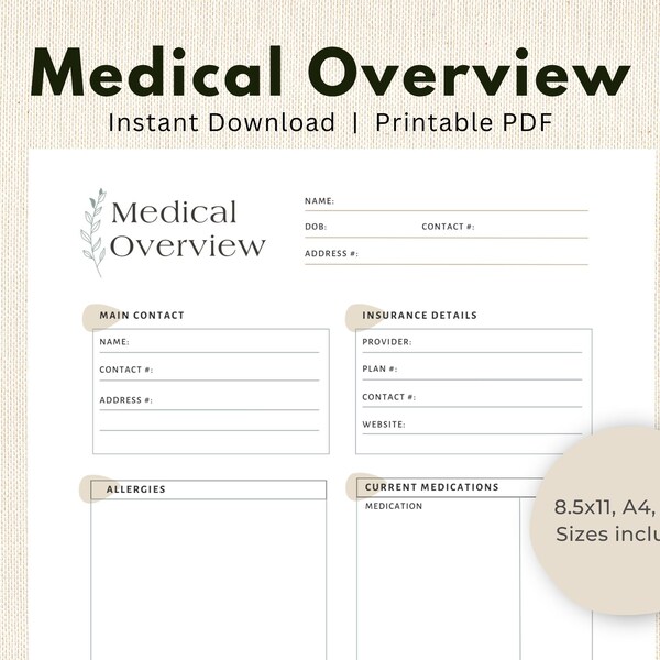 Printable Medical Overview, One Page Summary Medical Binder Printable Medical Log Instant Download Goodnotes Medical Tracker