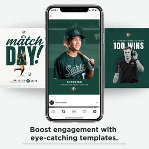 May include: A smartphone displaying a social media feed with three sports-themed graphic templates. The center template features a baseball player in a green jersey with the text TJ FOSTER SENIOR 2ND BASE CAPTAIN. The other templates show a soccer player and a coach.