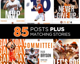 Può includere: Una collezione digitale di 85 post e storie per social media con fotografie sportive di atleti di baseball, football e basket in divise arancioni e bianche con sovrapposizioni di testo come MVP, NEVER GIVE UP e GAMEDAY.