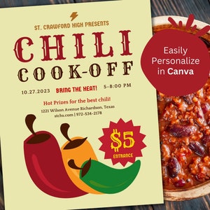 Editable Chili Cook Off Flyer Work Chili Competition Church Chili Fundraiser Sports Neighborhood Chili Cookoff Canva Template