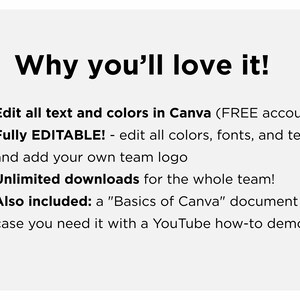 Peut inclure: Un graphique num&eacute;rique avec du texte noir sur fond gris clair. Le titre indique Why you'll love it! suivi d'une liste &agrave; puces : Edit all text and colors in Canva (FREE account), Fully EDITABLE! - edit all colors, fonts, and text and add your own team logo, Unlimited downloads for the whole team!, Also included: a "Basics of Canva" document in case you need it with a YouTube how-to demo!