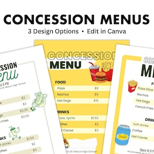 Bearbeitbare Konzessionsmenüs 3 Designs Konzessionsstand Team Mom Canva Template Volunteer Film High School Snackbar