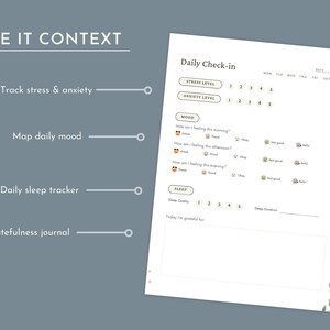 May include: A white daily check-in planner page featuring sections for stress and anxiety levels, mood tracking with emoji icons for morning, afternoon, and evening, a sleep quality scale, and a blank space for a gratefulness journal entry.