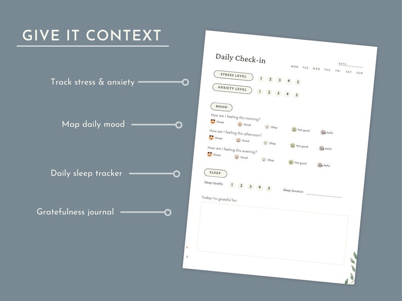 May include: A white daily check-in planner page featuring sections for stress and anxiety levels, mood tracking with emoji icons for morning, afternoon, and evening, a sleep quality scale, and a blank space for a gratefulness journal entry.