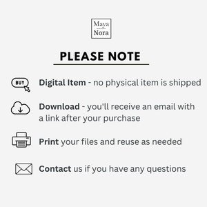 K&ouml;nnte beinhalten: Ein wei&szlig;er Hintergrund mit schwarzem Text, der "PLEASE NOTE" lautet und vier Aufz&auml;hlungspunkte mit Symbolen auflistet. Die Punkte sind: "Digital Item - no physical item is shipped", "Download - you'll receive an email with a link after your purchase", "Print your files and reuse as needed", and "Contact us if you have any questions".
