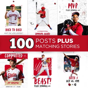 May include: A collage of baseball graphics in red and white. The images feature baseball players and text such as "BACK TO BACK", "SIMMONS AWARD", "MVP", "BEAST!", and "COMMITTED". The text "100 POSTS PLUS MATCHING STORIES" is also displayed.