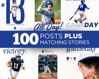 100 plantillas para redes sociales deportivas, publicaciones e historias de Canva, paquete para Instagram de día de partido: béisbol, sóftbol, baloncesto y fútbol americano.