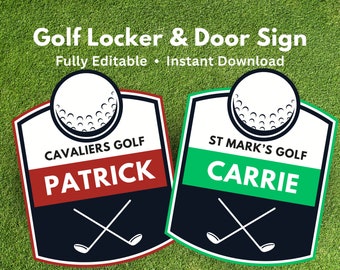 Letrero editable para puerta de casillero de golf Plantilla imprimible para recortar en Canva Decoración Equipo Torneo Escuela secundaria