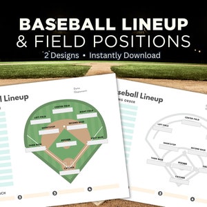 Op de afbeelding: Twee printbare baseball-opstelling en veldpositie sjablonen. Elk sjabloon bevat een honkbalveld met gelabelde posities en een slagvolgordelijst. De sjablonen zijn ontworpen voor coaches en spelers om wedstrijdstatistiken bij te houden.
