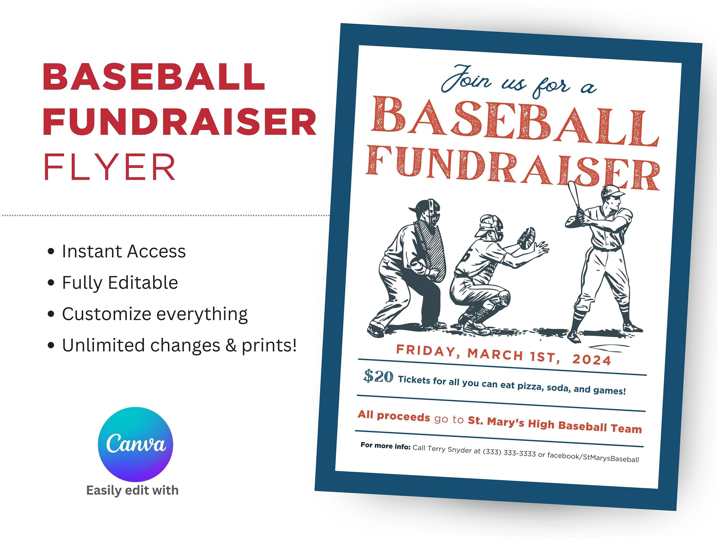 EDITABLE Baseball Fundraiser Flyer, School Benefit Poster, School ...