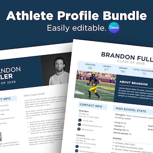 Hoja de perfil de atleta y carta de presentación, currículum universitario personalizable, plantilla de Canva para reclutamiento, deportes, béisbol, fútbol, sóftbol, jugador sénior