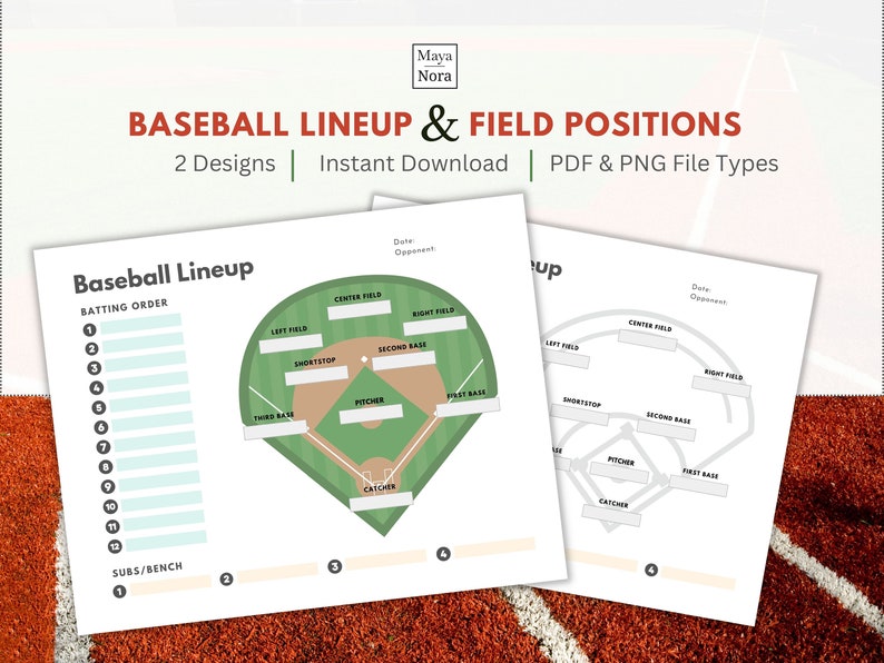 Printable Baseball Lineup and Field Position Sheet Batting Order Instant Download for Baseball