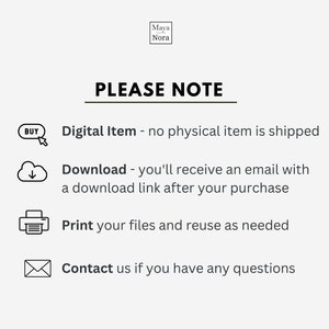 May include: PLEASE NOTE: This is a digital item, no physical item will be shipped. You will receive a download link after purchase. Print your files and reuse as needed. Contact us if you have any questions.