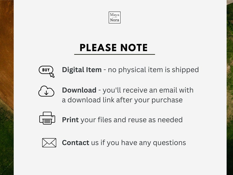 May include: PLEASE NOTE: This is a digital item, no physical item will be shipped. You will receive a download link after purchase. Print your files and reuse as needed. Contact us if you have any questions.