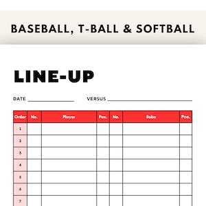 EDITABLE Baseball T-Ball Softball Lineup and Position Sheet Batting Order Canva Baseball Team Tournament Travel Ball Dugout Roster Line up
