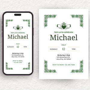 Tarjeta de cumpleaños irlandesa e invitación electrónica imprimible digital para fiesta, invitación electrónica, sin papel, editable, cumpleaños de Claddagh