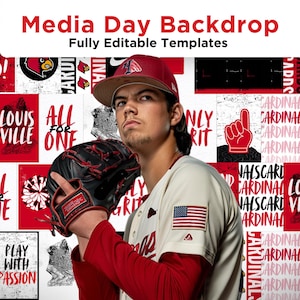May include: A baseball player in a red and white uniform, holding a black glove. The backdrop features a collage of red and white graphics with text that reads "Media Day Backdrop" and "Fully Editable Templates."