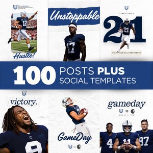 May include: A collection of 100 social media templates featuring American football players in dark blue and white uniforms. The graphics include text such as Unstoppable, Hustle, Victory, and Gameday, showcasing various athletic poses and game action shots.