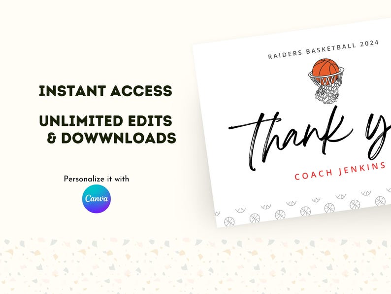 Editable Coach Thank You Card Basketball Gift End of Season Canva ...