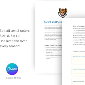 K&ouml;nnte beinhalten: Editierbares, druckbares Dokument mit einer Tiger-Maskottchen-Grafik. Das Dokument enth&auml;lt einen Verhaltenskodex f&uuml;r Eltern und Spieler mit Abschnitten f&uuml;r jede Gruppe, die unterschreiben muss. Das Dokument ist 8,5 Zoll mal 11 Zoll gro&szlig;.