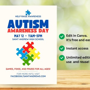 Autism Awareness Event Flyer Editable Autism Acceptance Editable Flyer Community Benefit Parent Day Fundraiser Event Template Instant Access