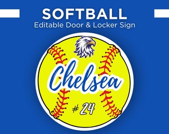 Modelo editável de placa para porta de armário de softball no Canva, para torneio de softball do ensino médio, viagem, hotel, mãe.