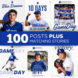 Puede incluir: Una colección digital de 100 publicaciones para redes sociales e historias a juego con jugadores de béisbol en uniformes azules y blancos. Los gráficos incluyen textos como Blue Demons, 10 Days Til The Season, GameDay y MVP 2026 Playoffs.