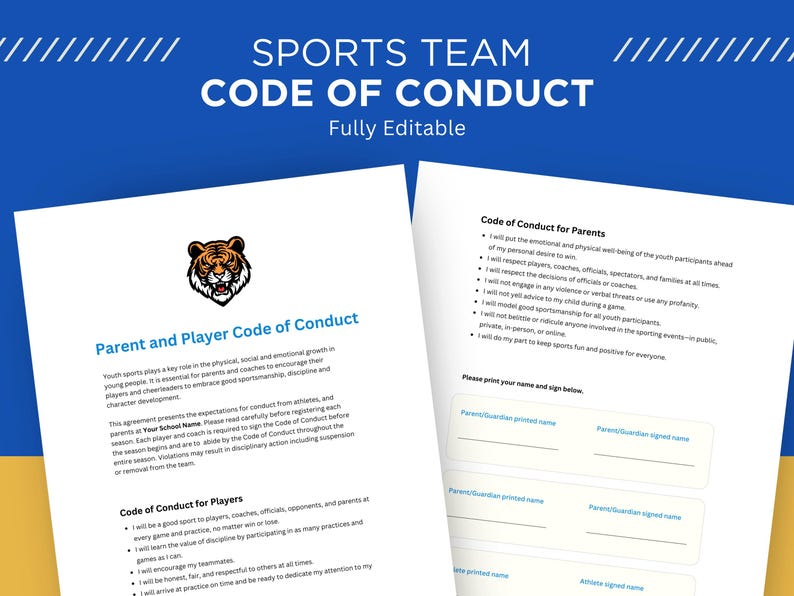 K&ouml;nnte beinhalten: Ein druckbarer Verhaltenskodex f&uuml;r Sportmannschaften mit einer Tigerillustration. Das Dokument enth&auml;lt Abschnitte f&uuml;r Eltern, Spieler und Trainer und legt die Erwartungen an Verhalten und Sportsgeist fest.