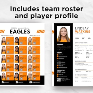 May include: Two-page document with team roster and player profile. The left page features the team roster for the 2025 St. Mary's High Eagles, with player photos and information. The right page is a player profile for Lindsay Watkins, Class of 2028, with stats and achievements.