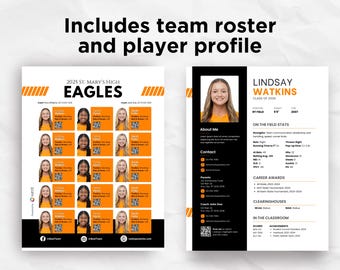 Può includere: Un documento di squadra sportiva di due pagine che presenta l'elenco dei St. Mary's High Eagles 2025 con foto individuali e codici QR a sinistra, e un profilo dettagliato della giocatrice Lindsay Watkins con statistiche e premi sulla destra.