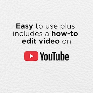 May include: A white textured background featuring black text that reads Easy to use plus includes a how-to edit video on YouTube, accompanied by the red and white YouTube logo. The text is centered and clearly legible against the white surface.