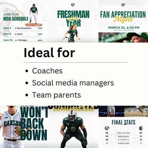 May include: A digital sports graphic template featuring various athletic scenes including baseball, soccer, and football players, with text overlays such as JUNE 2026 MSH SCHEDULE, FRESHMAN OF THE YEAR, FAN APPRECIATION NIGHT, WON'T BACK DOWN, and FINAL STATS.