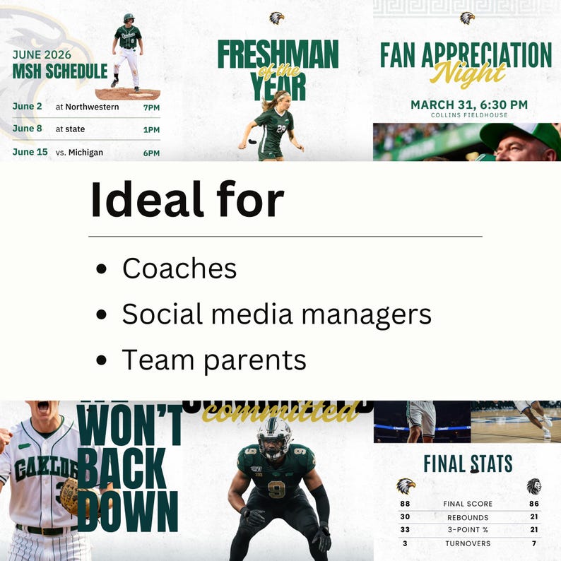 May include: A digital sports graphic template featuring various athletic scenes including baseball, soccer, and football players, with text overlays such as JUNE 2026 MSH SCHEDULE, FRESHMAN OF THE YEAR, FAN APPRECIATION NIGHT, WON'T BACK DOWN, and FINAL STATS.