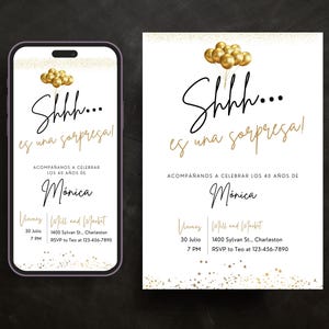 Es una Sorpresa Cumpleaños Invitación in Spanish Birthday Party Invitation Fiesta Sorpresa Español Gold Template E-vite printable