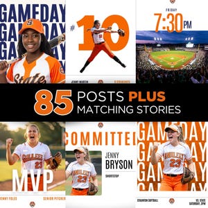 Puede incluir: Un collage de gráficos temáticos de softbol en naranja y blanco. Las imágenes incluyen jugadores en acción, logotipos de equipos y anuncios del día del partido. El texto incluye "GAMEDAY", "MVP" y nombres de jugadores. El tema general es la promoción de un equipo de softbol.