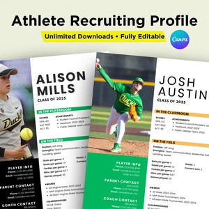 Aanpasbaar profielblad atleet CV College Recruitment Canva-sjabloon Sport Honkbal Voetbal Softbalkampen Showcases Reisspeler