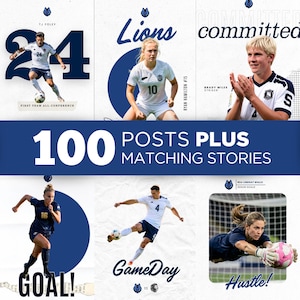 Puede incluir: Una colección de plantillas digitales con 100 publicaciones para redes sociales e historias a juego para atletas de fútbol. Los gráficos muestran jugadores en acción, marca de equipo y textos superpuestos como "Lions", "committed", "GOAL!", "GameDay" y "Hustle!".