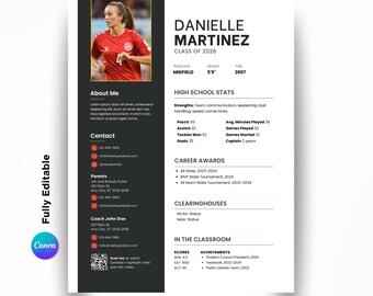 Hoja de perfil de reclutamiento de atletas universitarios editable en Canva, plantilla para deportes, béisbol, fútbol, sóftbol, campamentos, exhibiciones