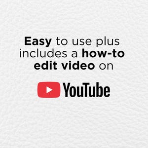 May include: A white textured background with black text that reads: Easy to use plus includes a how-to edit video on YouTube. The YouTube logo is displayed in red and white, featuring a play button icon next to the word YouTube in black text.