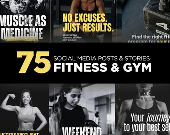 75のフィットネス＆ジムソーシャルメディア投稿とストーリーInstagram Canvaテンプレートバンドルテンプレート、パーソナルトレーナー、フィットネスコーチ