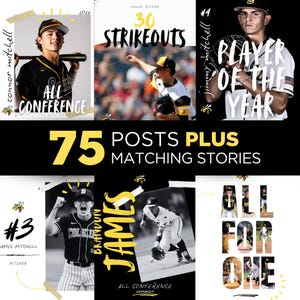 May include: A collage of baseball graphics featuring players and text. Text includes "All Conference", "30 Strikeouts", "Player of the Year", and "75 Posts Plus Matching Stories". The colour scheme is black, white, and yellow.