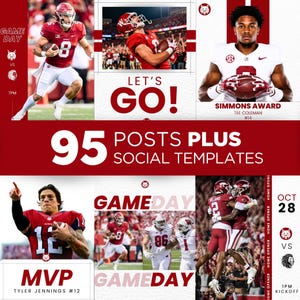 May include: A digital collection of 95 social media templates for football game day announcements. The layout features red and white color schemes, action shots of players in uniforms, and text including GAME DAY, LET'S GO, and MVP.